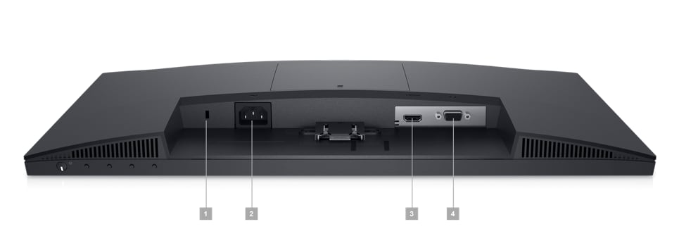 Picture of a Dell E2223HN Monitor with the screen down and showing the ports available below the product.